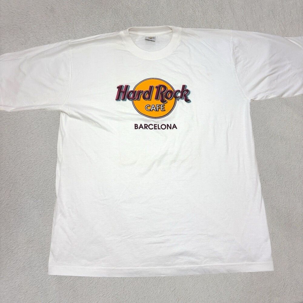 VINTAGE Hard Rock Cafe Shirt XL White Barcelona Spellout Streetwear 90s Y2K